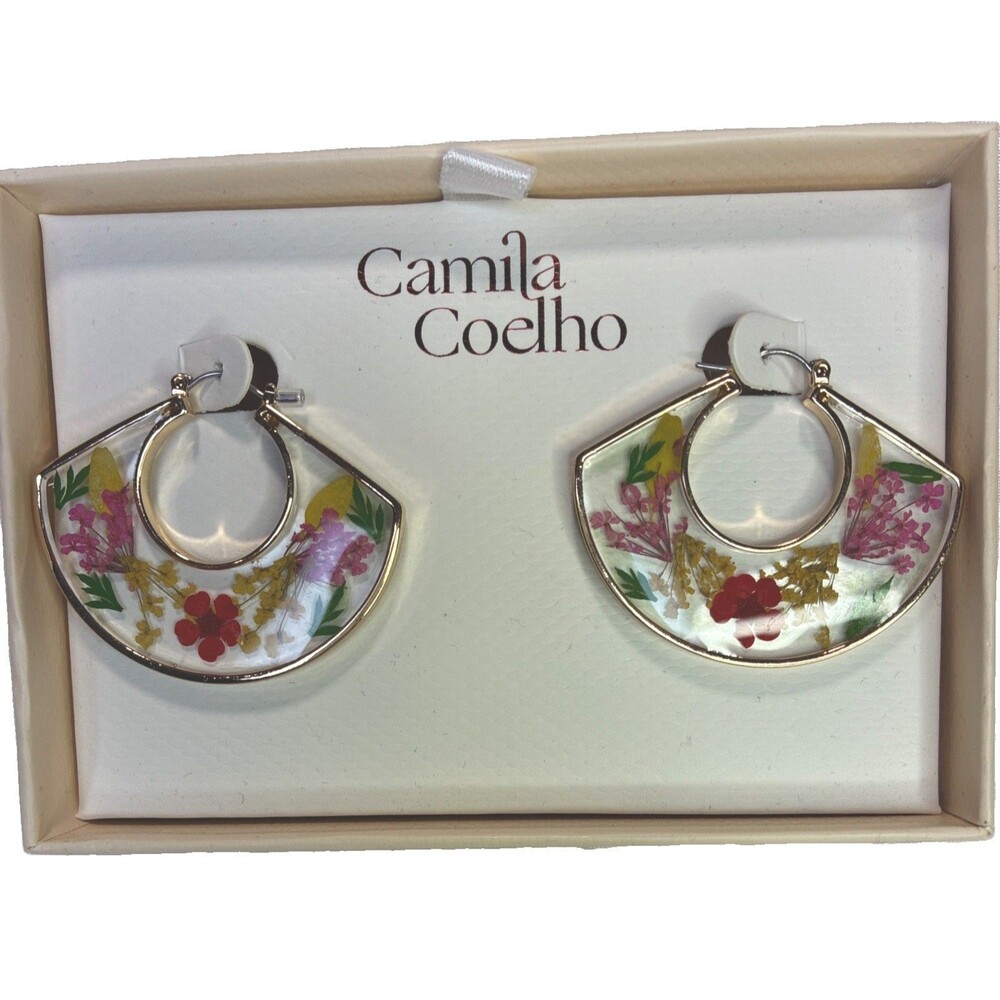 Camila Coelho Gold-toned Pressed Flower Resin Oval Drop Earrings Colorful Clear